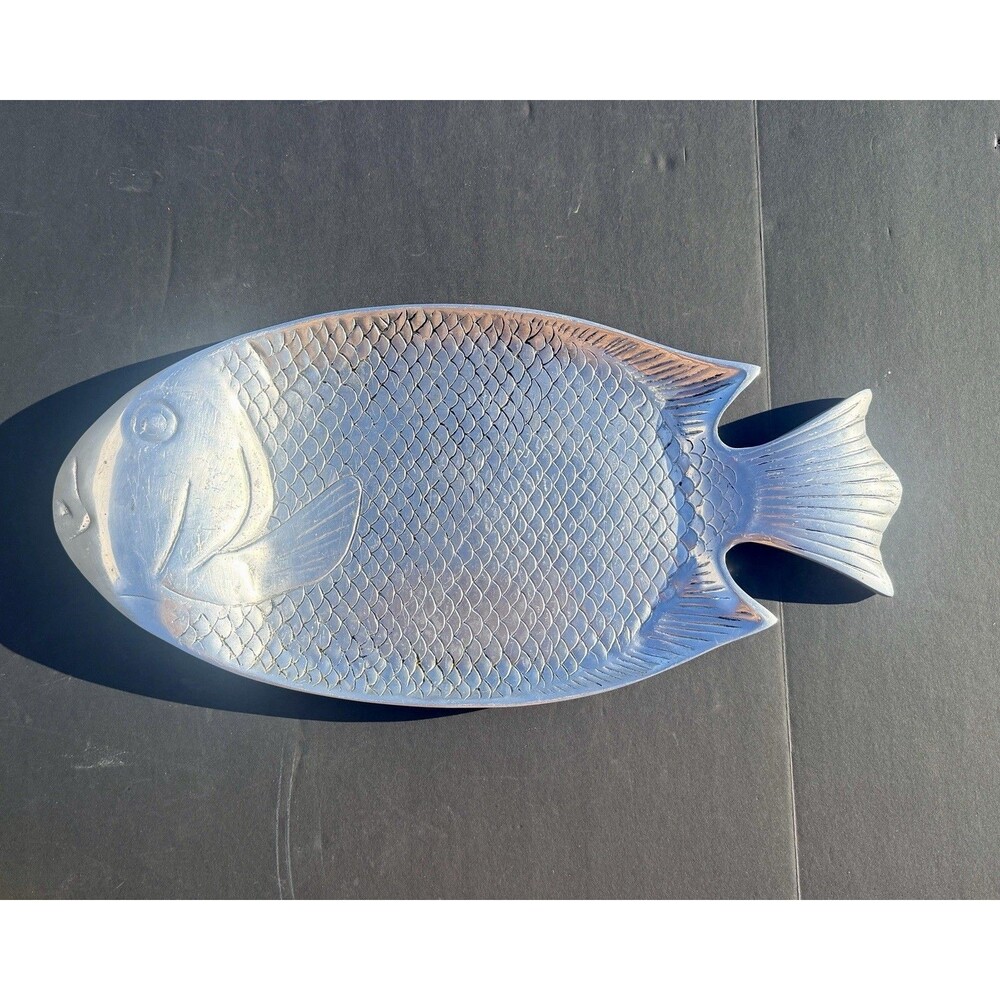 22" Fish Platter Made In Mexico Old Town Imports Artist SIGNED Aluminum Silver